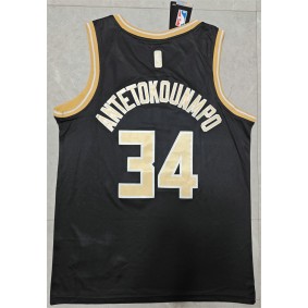Maillot de Basket Bucks 2025 Antetokounmpo 34 Noir Or